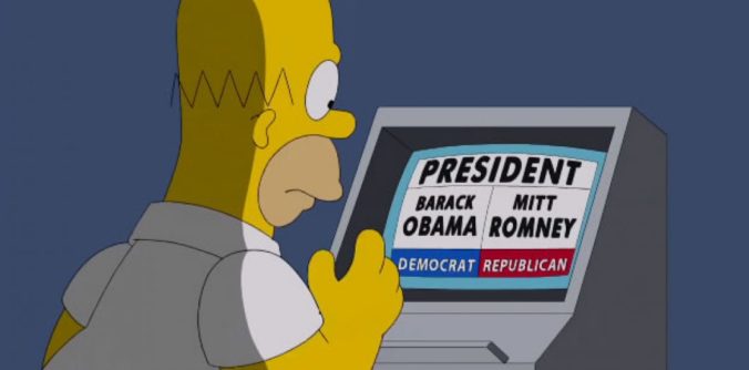 Homero Simpson decidiendo su voto